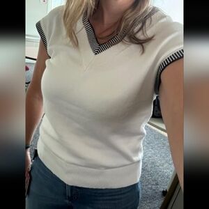 Women Sleeveless Beige Knit Top with Striped Trim